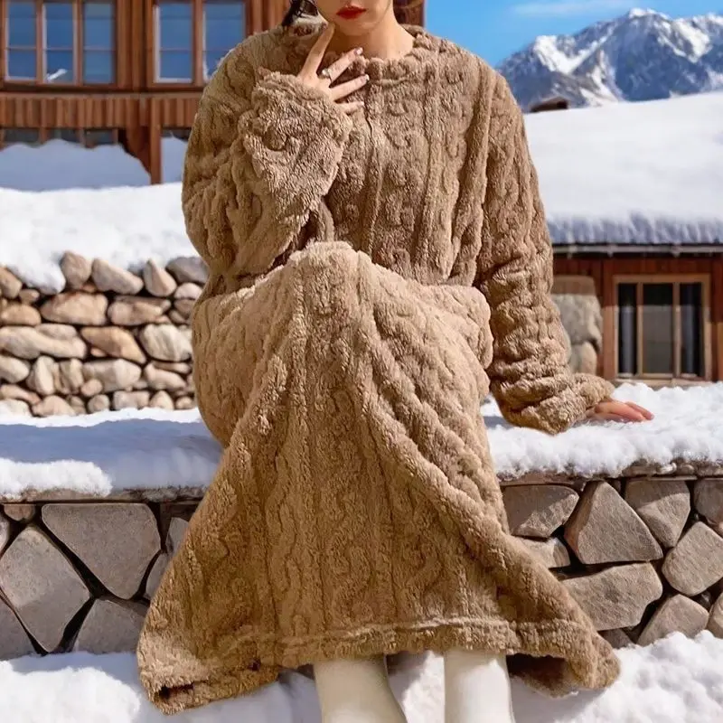 Winter Long Sleeve Double Pocket Flannel Nightgowns Women Loose Solid Sleepwear  Night Dress Thickened Warm Nightdress