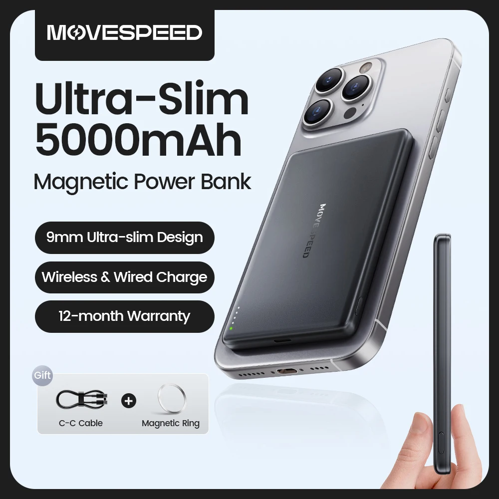 MOVESPEED 5000mAh Magnetic Power Bank Slim Wireless Powerbank Portable External Battery for Magsafe for iPhone 16 15 Samsung