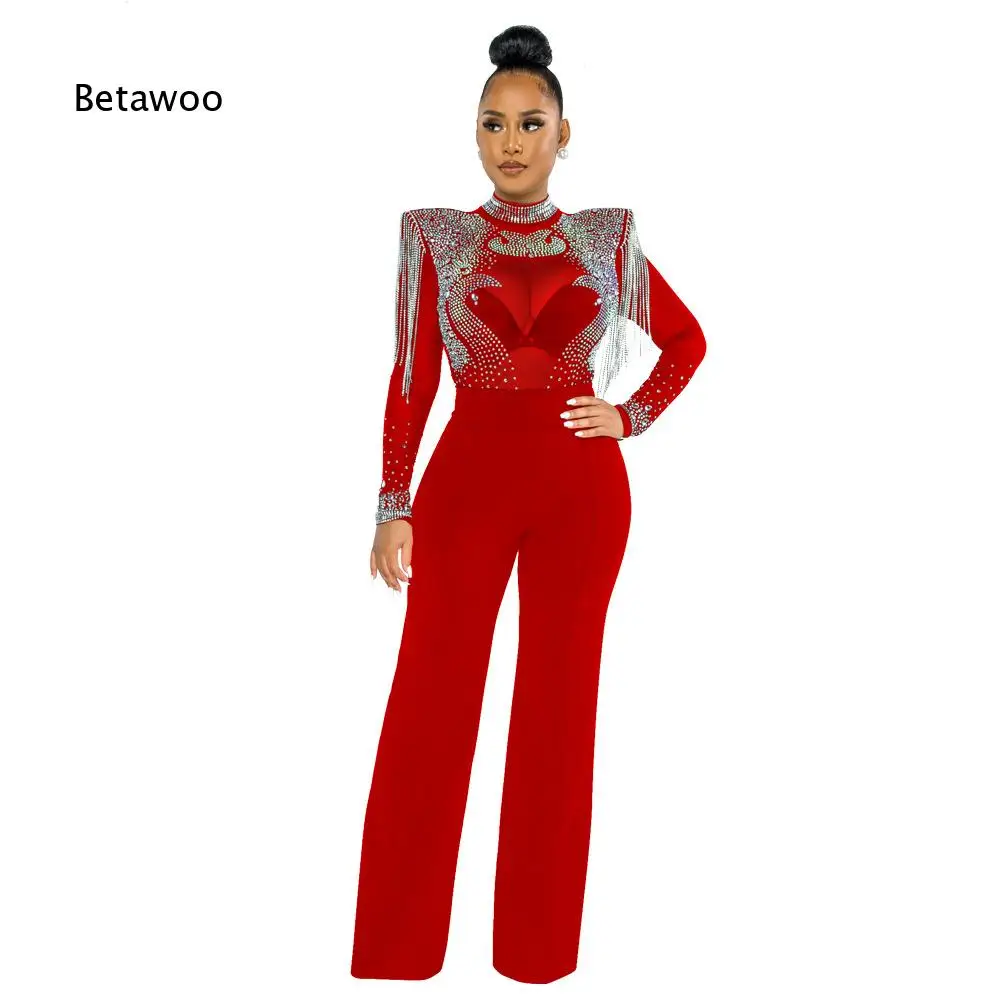 Women High Neck Sheer Jumpsuit With Rhinestone And Tassel Decoration Slim Fit Design For Night Club Party Dating And Special So