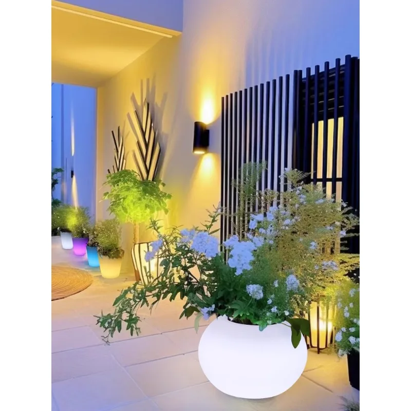 Creative luminous plastic large flower pot new high-end flower pot with lamp outdoor courtyard villa entrance decorative