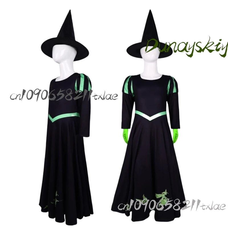 Wicked Musical Elphaba คอสเพลย์ชุดวิกผมหมวกสีดํา Victorian กระโปรงชุด STAGE Performance ปาร์ตี้ฮาโลวีนที่กําหนดเอง