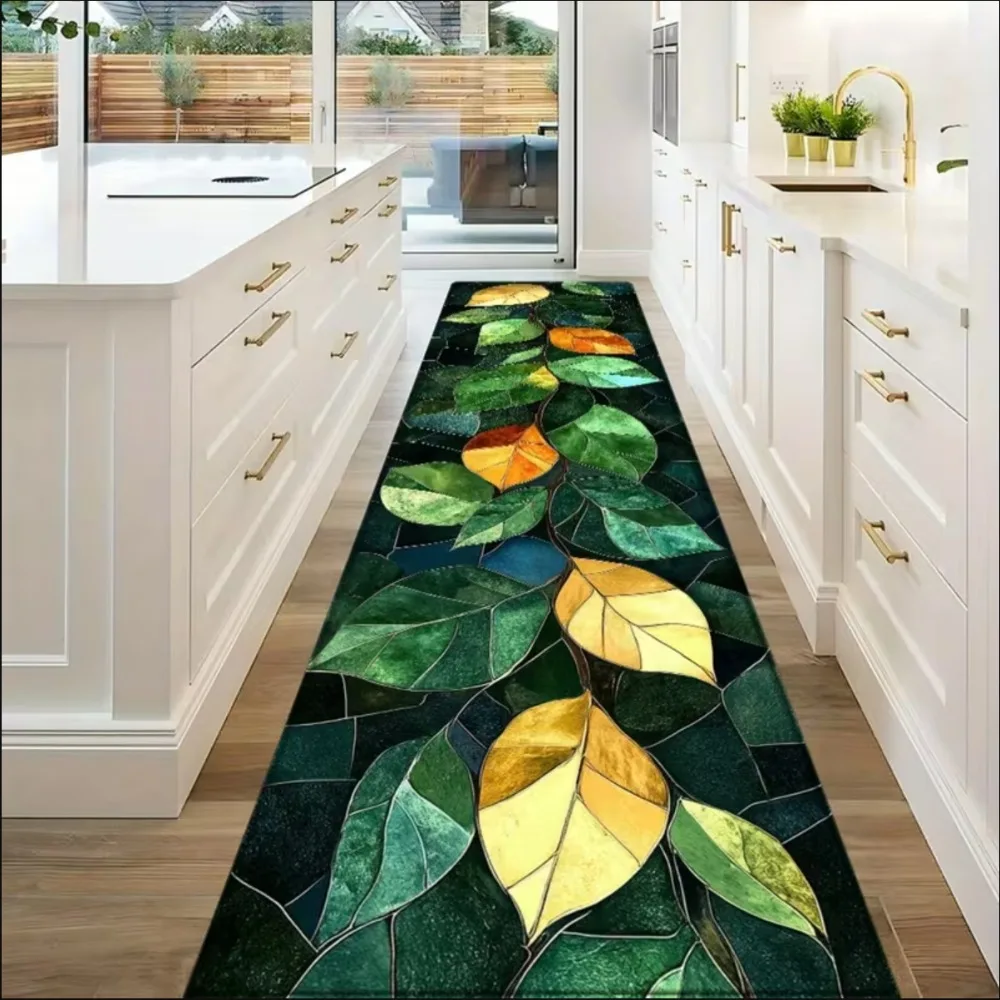 Küchenläufer, Teppich mit Buntglas-Blattmuster, rutschfest, ölbeständig, leicht zu reinigen, für Flur, Eingangsbereich, Heimdekoration