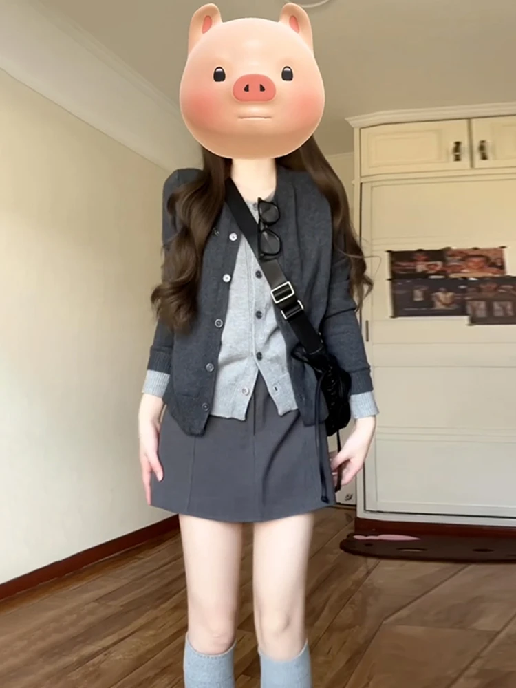 

Spring 2026 Grey Open Cardigan Dress Women's Fashion Set Short Skirt Wrap around Stylish Early Spring Complete Set
