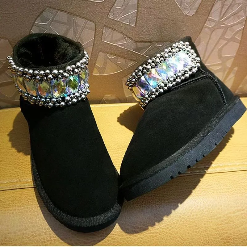 

Black rhinestone beaded sequined party snow boots, oversized fur one-piece thickened women's cotton shoes 34-39