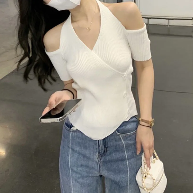 

Y2K Summer Slim T-shirt Women Shoulder Off Short Sleeve Korean Fashion Tee Shirt Femme Sexy V-neck Knit Tshirt Crop Top