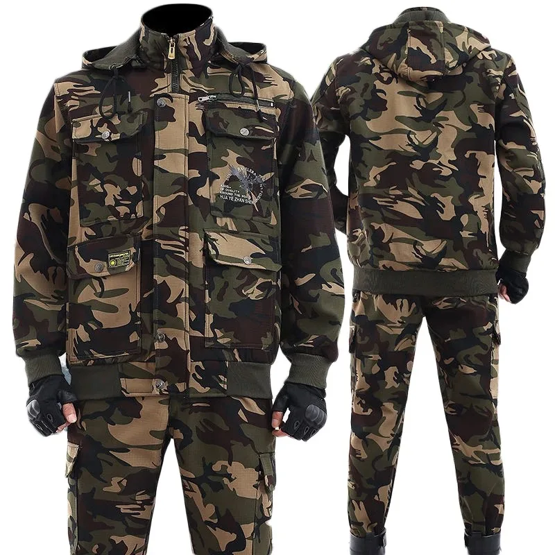 Mannen 2 Stuk Set Outdoor Lasser Jas Broek Winter Werkkleding Plus Fluwelen Dikke Katoen Beschermende Kleding Camouflage