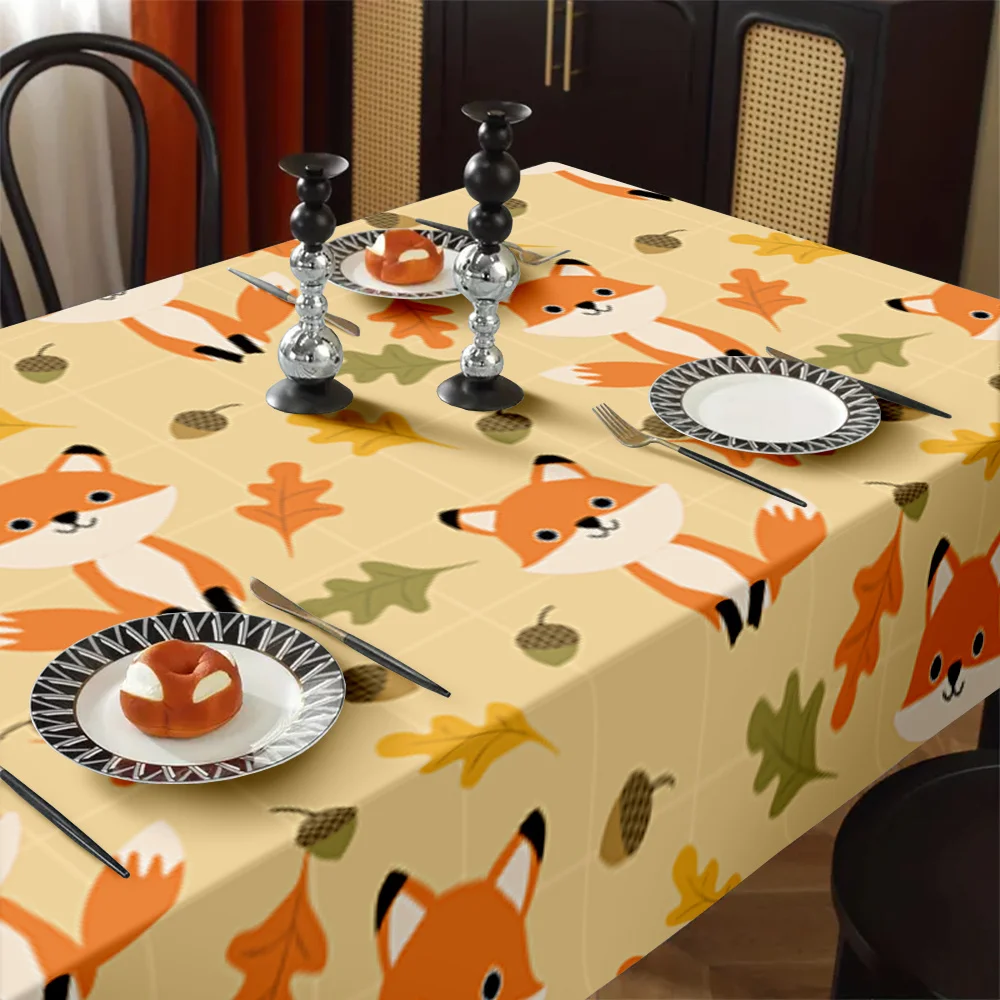 Cute Fox Tablecloth, Light Yellow Base With Cartoon Fox Oak Leaf Print,Rectangular Table Cover for Lovely Home Table Party Decor