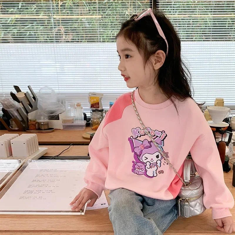 2024 Spring Autumn Kawaii Sanrio Anime Long Sleeve Hooded Pants Set Cute Kuromi Cartoon Baby Shirt Blouse Gifts for Kids