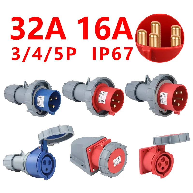 IP67 Industrial Plug and Socket Waterproof Connector 3PIN 4PIN 5PIN 16A/32A Waterproof Electrical Connection Wall Mount Socket