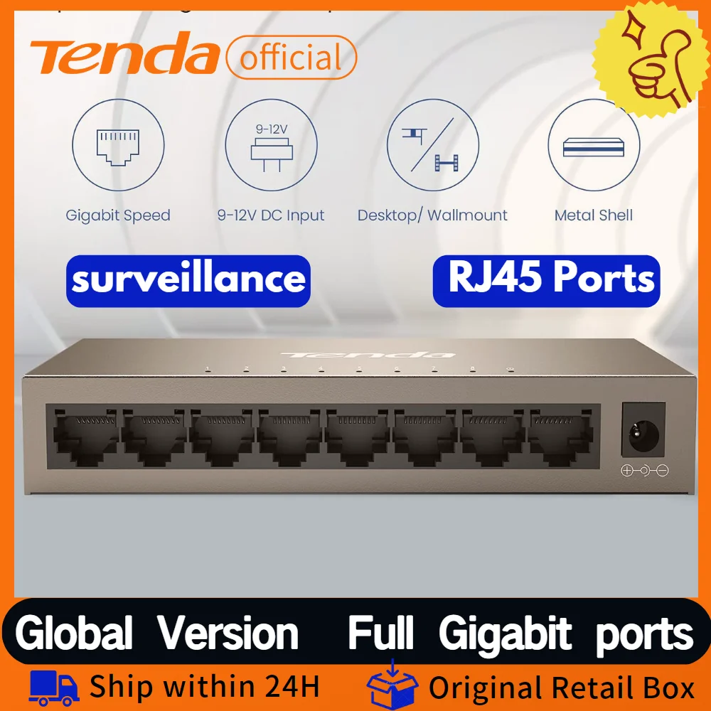 

Коммутатор Tenda 8-портовый gigabit ethernet, 10/100 Мбит/с, 5/1000 портов