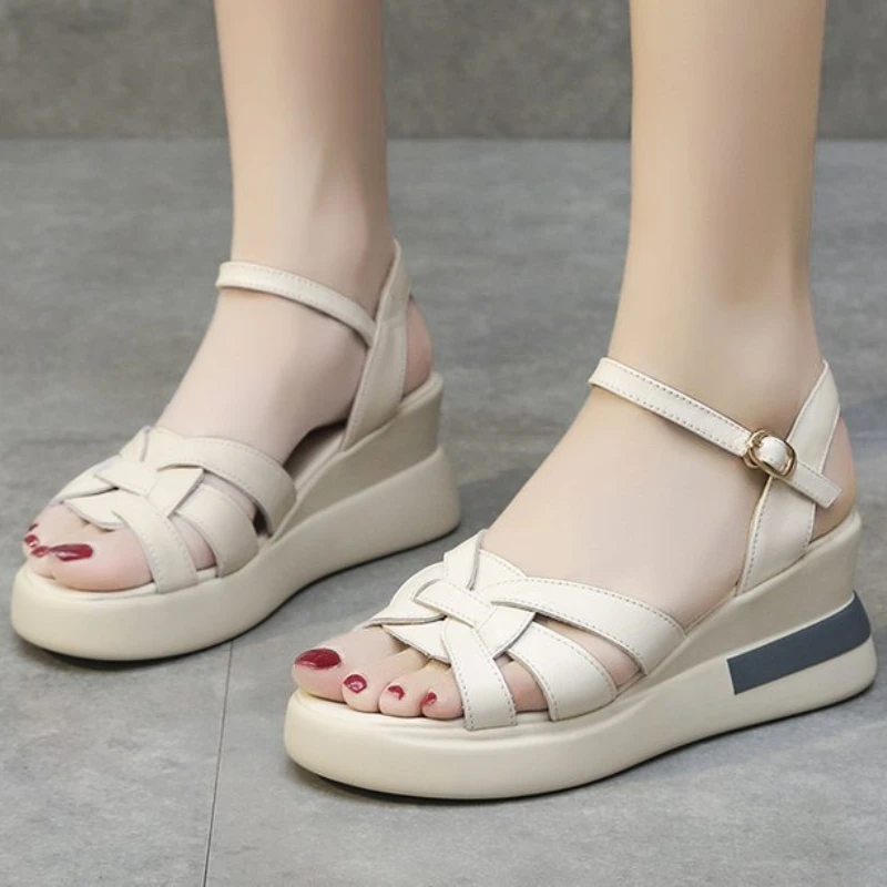 Hollow Buckle Sandals Female Summer Retro Round Head Wedges Roman Shoes Open Toe Casual Walking Slippers Sandalias De Mujer