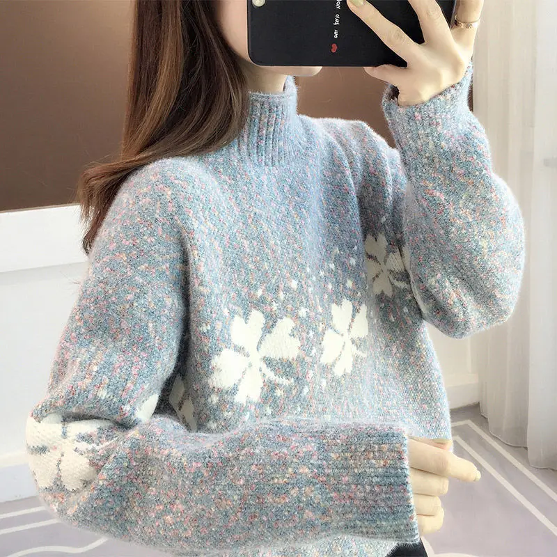 

Fashion Knitted Printed Casual turtleneck Sweater Women's Clothing 2022 Autumn New All-match Commute Pullovers Loose Sweet Tops