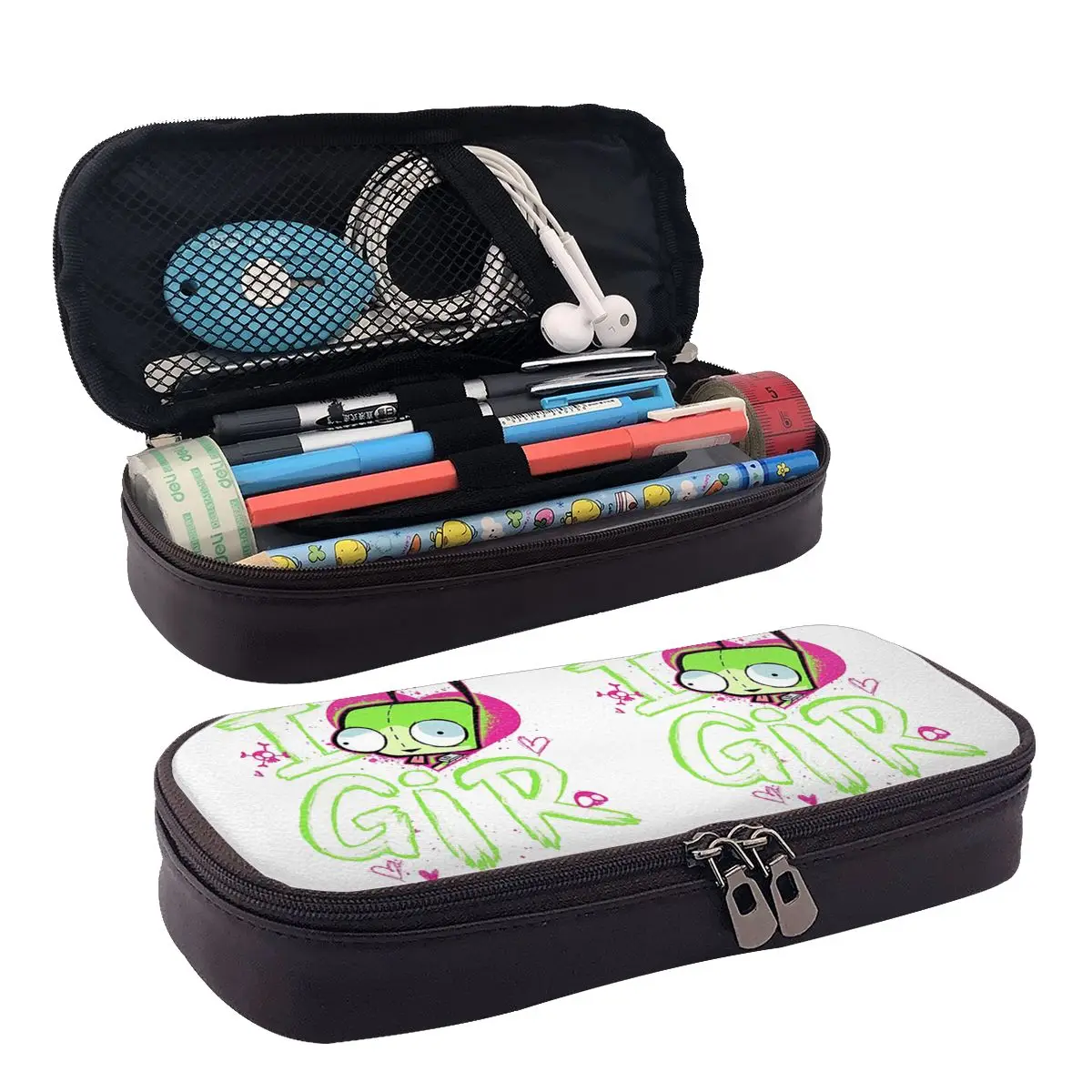 Invader Zim Valentine's Day I Love GIR Leather Pencil Case for Boys Girls Pen Box Pencil Bag Stationery Supplies Pen Holder Bag