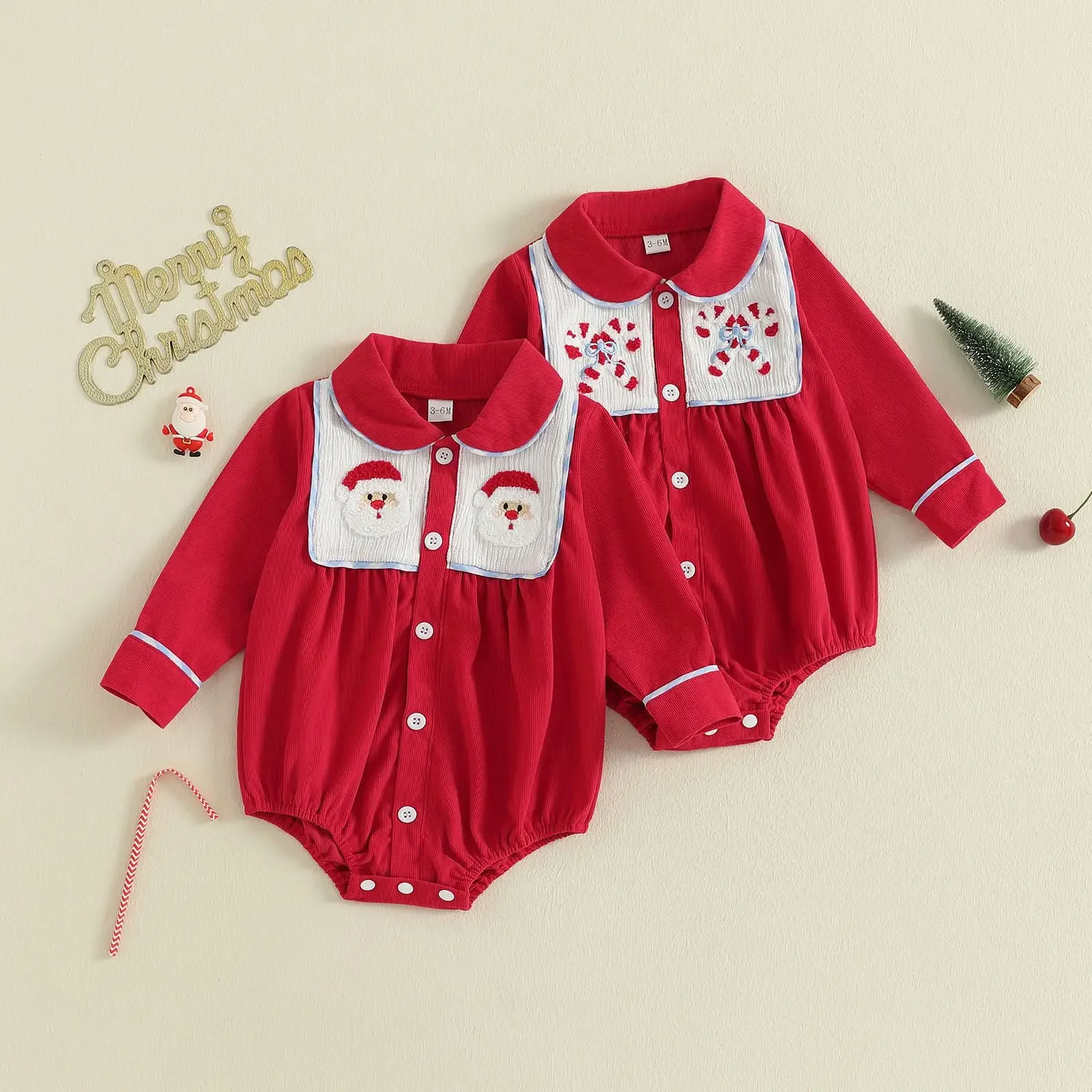 

Christmas 0-2Y Newborn Romper Santa Embroidery Peter Pan Collar Long Sleeve Triangle Festive Infant Onesie Bodysuit