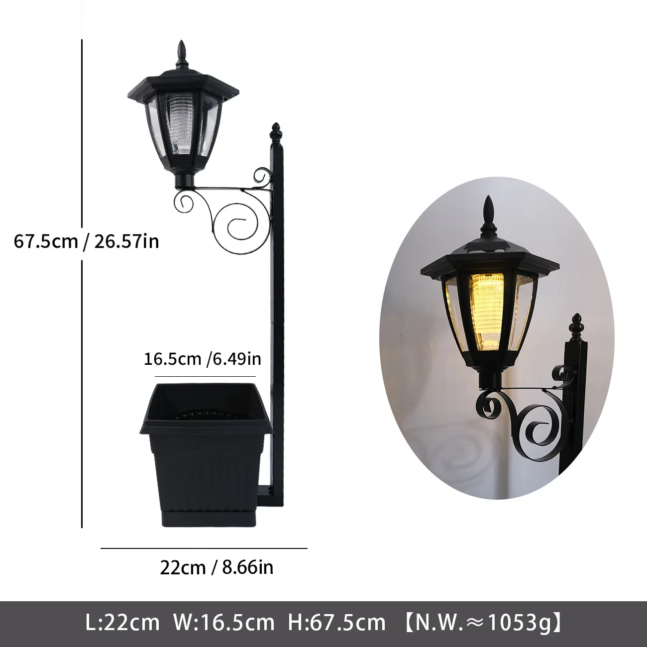 Functional Solar Lamp Post for Garden Decor Iron Resin Material 67.5cm Total Height Dusk Activated Lighting No Wiring