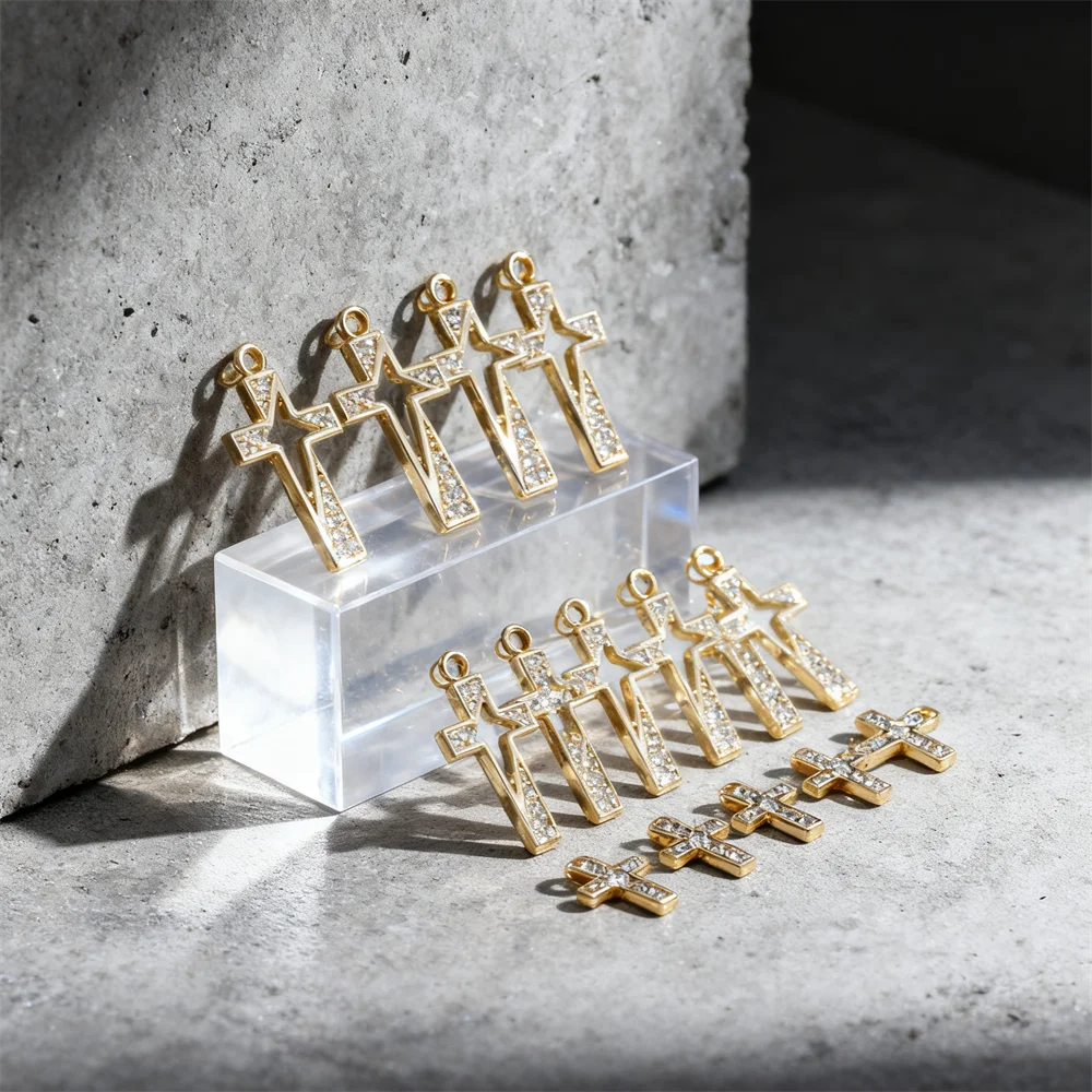 

2Pcs Pendants Brass Geometric Retro Jesus Cross Charm Shiny Zircon Openwork DIY Jewelry for Necklace Bracelet Making Accessories