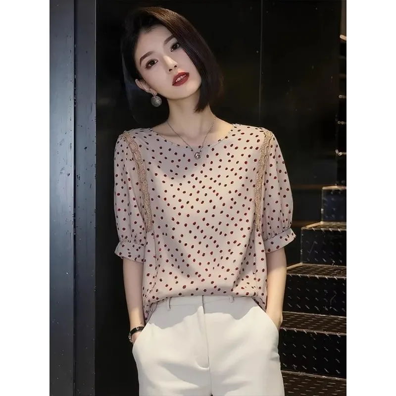 

Women's Polka Dot Short Sleeve Blouse Summer Elegant Lace Trim Casual Shirt