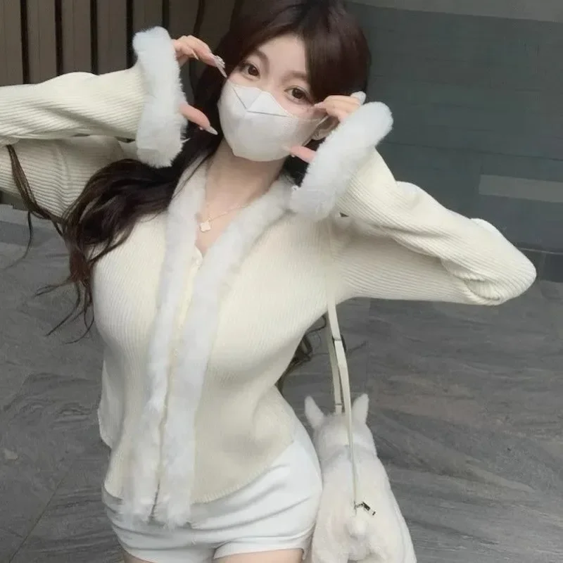 Long Flare Sleeve Sweater Women Fluffy Button-up Slim Casual Knitted Cardigan Sexy Streetwear All-match Soft High Quality Gentle