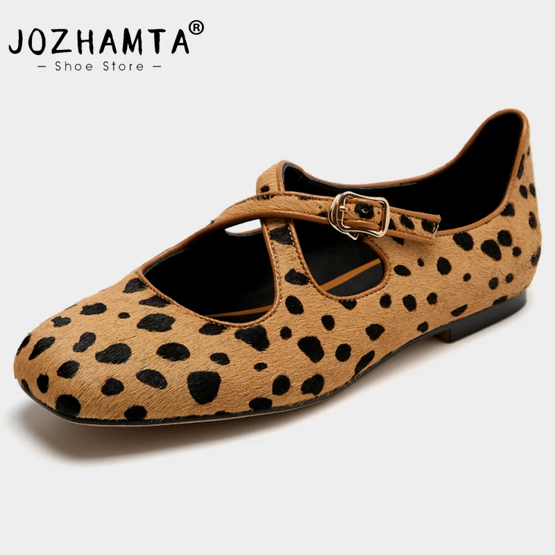 JOZHAMTA Women Leopard Flats Shoes Horsehair Cross Strap Low Heels Shoes Real Leather Spring 2025 Classic Office Lady Size 33-40