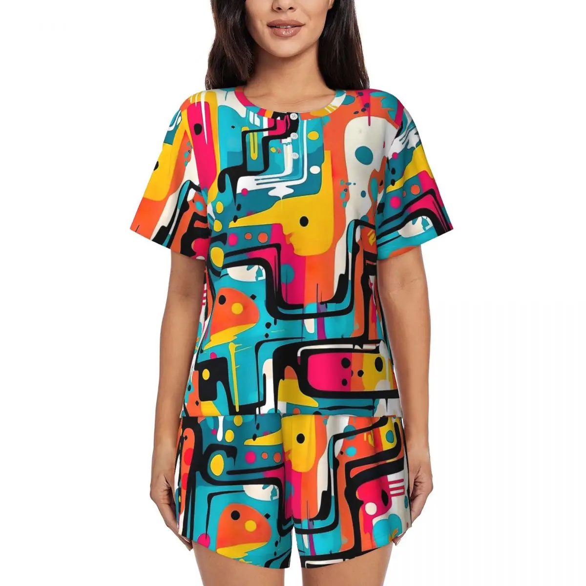 

Dynamic Color Contrast Print Pajamas Women Vintage Home Suit Summer Short Sleeves 2 Piece Casual O Neck Design Pajamas Set