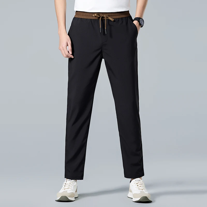 Men's Summer Slim-fit Stretch Slacks Outdoor Windproof Solid Color Ice Silk Slacks Men's Simple Elasticated Waist Slacks