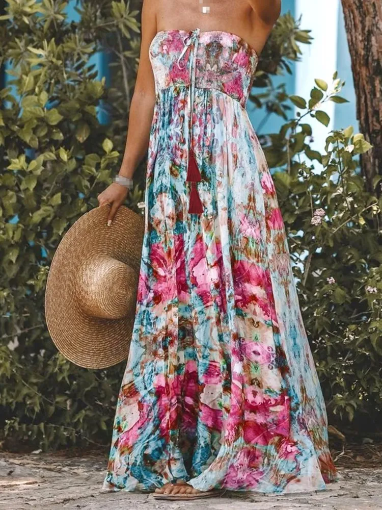 Summer Boho Printing Fashion Strapless Dress Women Beach Maxi Dress Floral Off Shoulder Sundress Strap High Waist Floral Dress