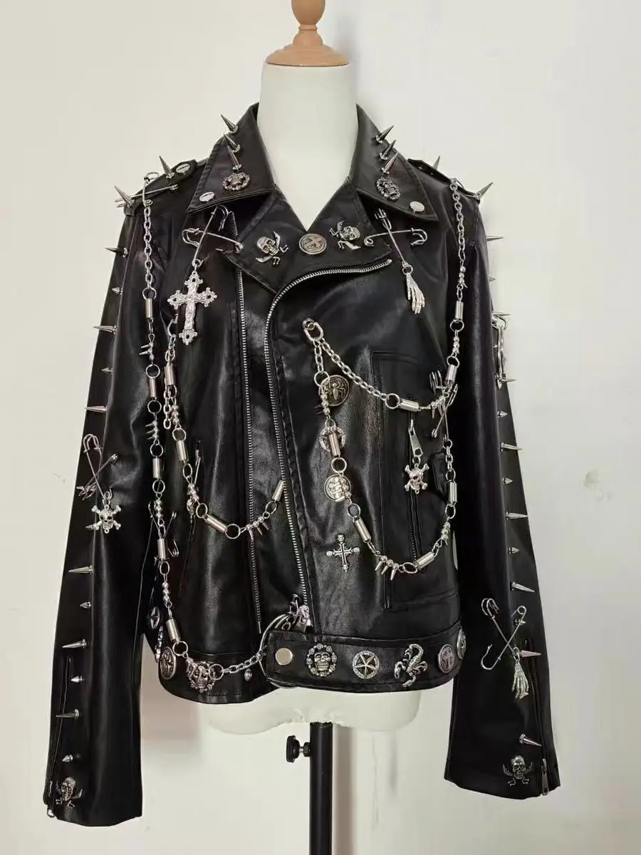 Punk Sle ort PU Pelle Jaet Y2K Spicy Girl Streetwear Moto Rivetto Catena con teschio Capispalla da donna Faion