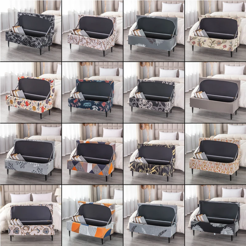 Printed Storage Ottoman Cover Stretch Rectangular Foldable Footstool Covers Long Piano Bench Stool Cover Sofa Footrest Slipcover