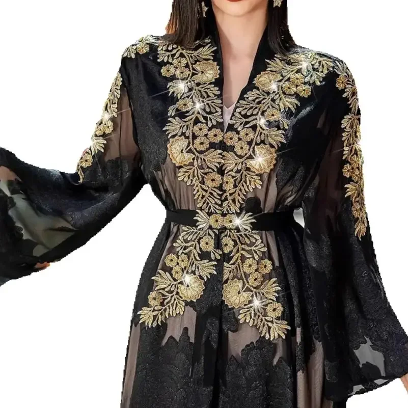 

2pcs Luxury Dubai Mesh Embroidery Kimono Cardigan With Inner Dress Women Muslim Sets Turkey Kaftan Morocco Kebaya Caftan Ramadan