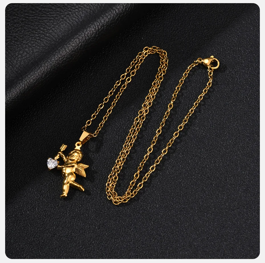 Vnox Goldfarbene Amor-Engel Anhänger Halskette, Edelstahl Herz CZ Stein O-Kette für Männer Frauen, Hip Hop Liebesschmuck Geschenk – Detail 6