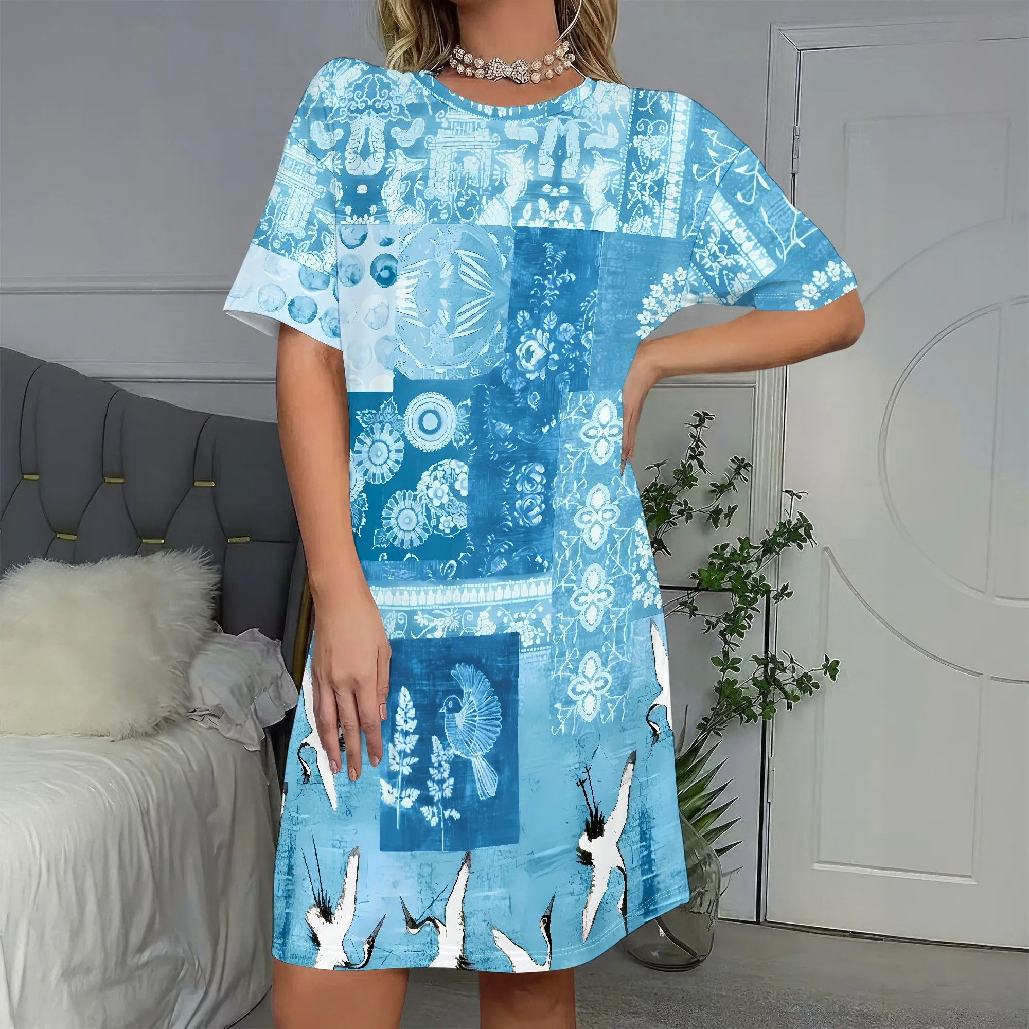 Artistic Print, Blue Patchwork Dress, Abstract Floral, Bird Motif, Short Sleeve Shift Dress, Casual Summer Wear, S-2XL