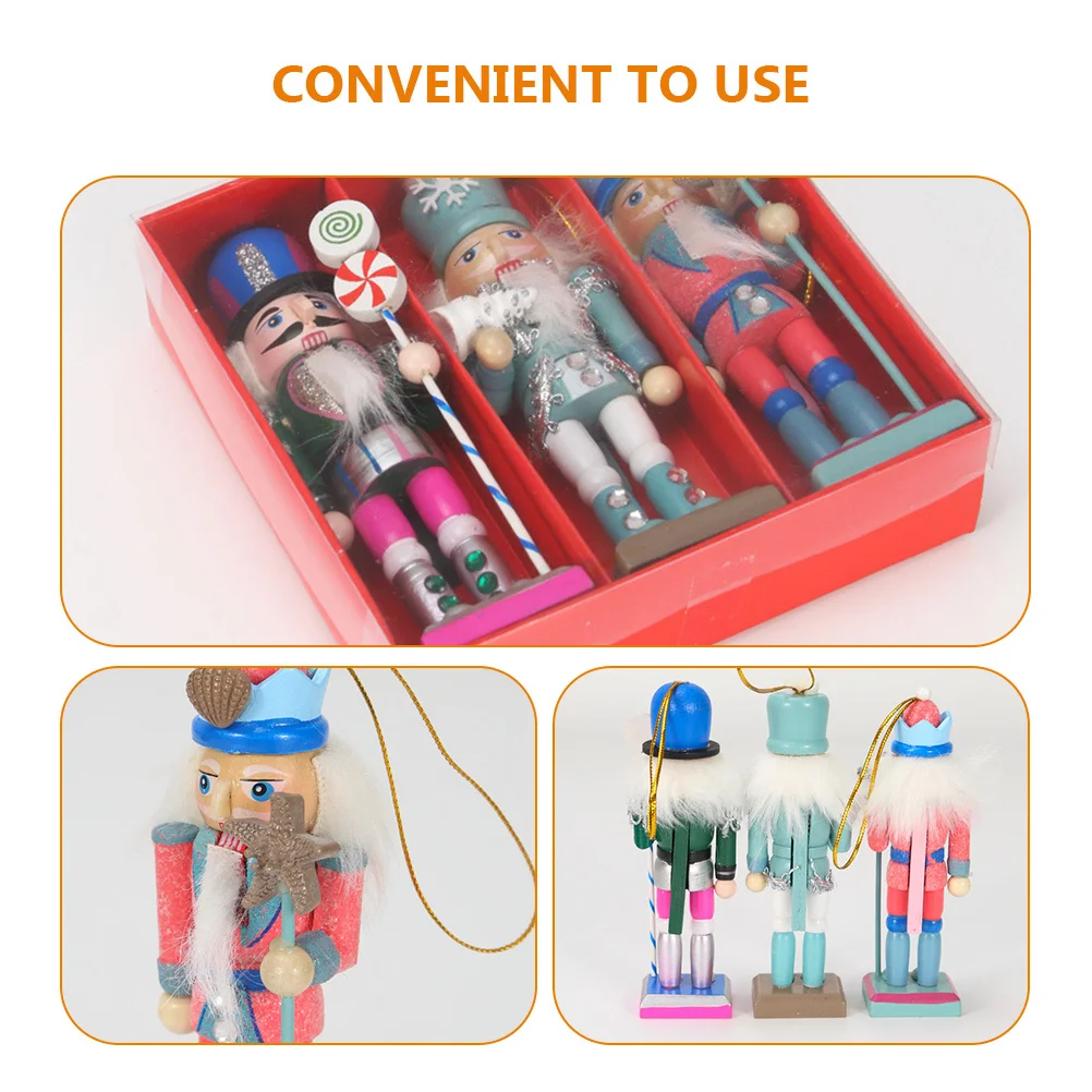 

3Pcs Wooden Nutcracker Puppet Classic Festival Decoration Tall Small Traditional Craft for Home Office Desktop Holiday Party