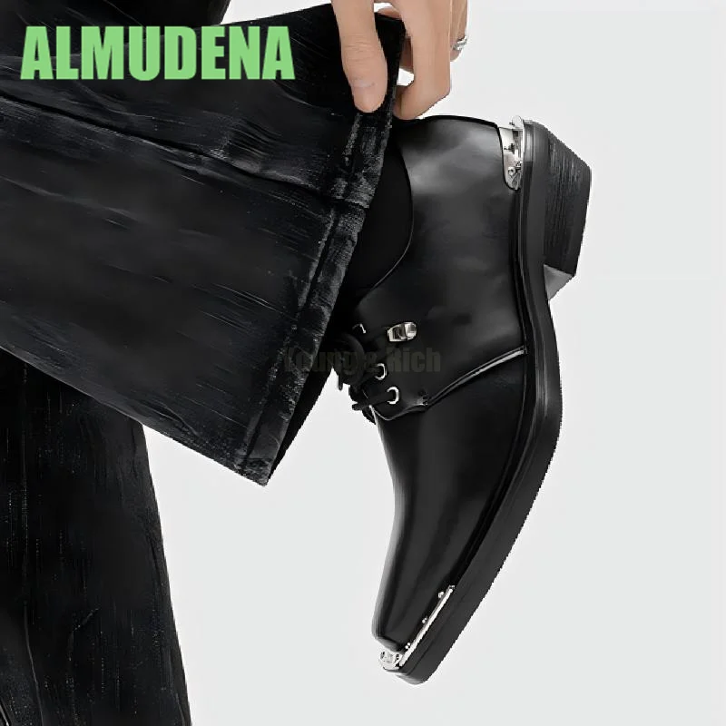 Metal Upturned Casual Leather Shoes Fashionable Square Toe Thick Sole Simple Lace Up Design Mid Heeled Derby Shoes