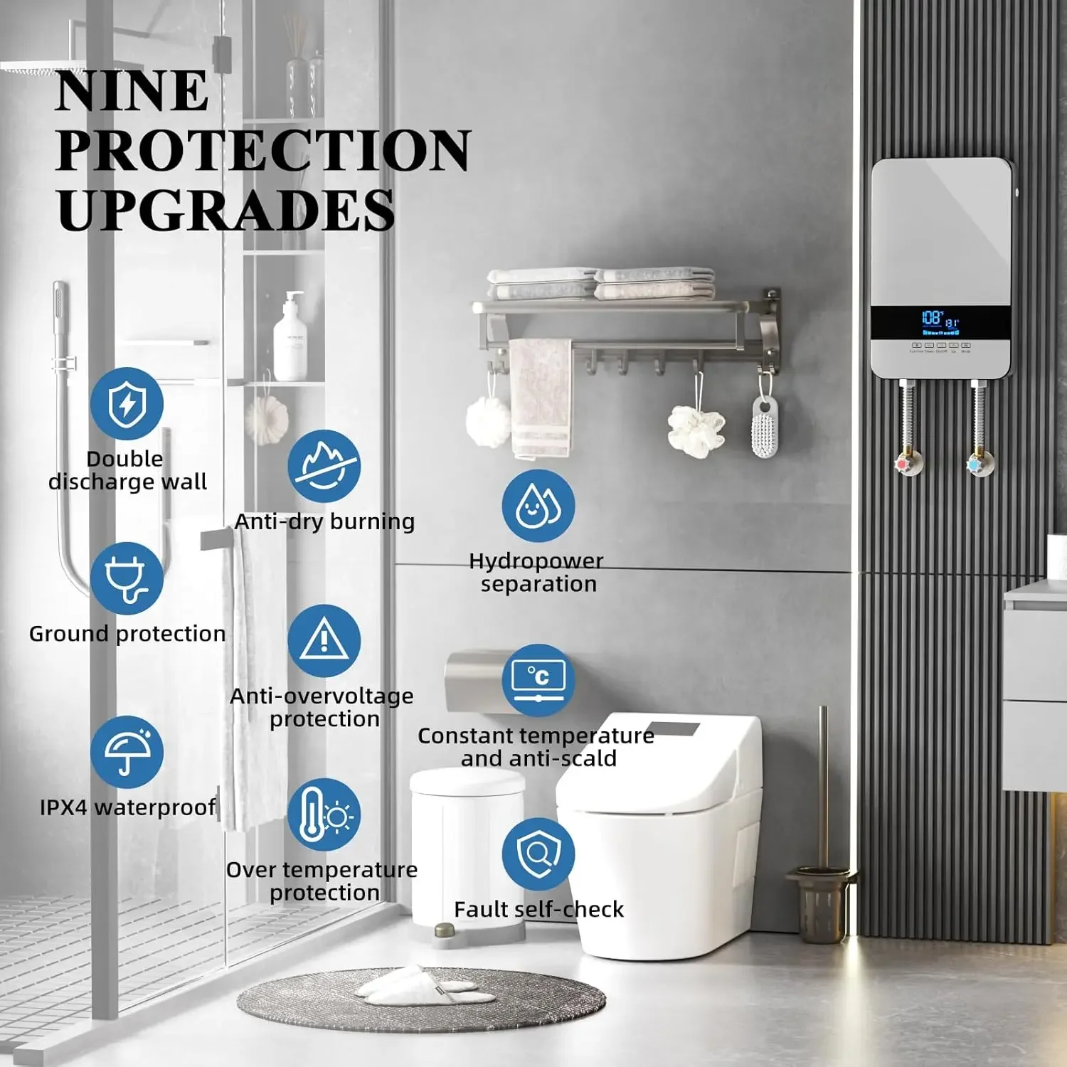 Heater Electric,8.5KW 240V Point of Use On Demand Hot Water Heater,Instant Hot Water Heater Under Sink with Digital Display,Wall