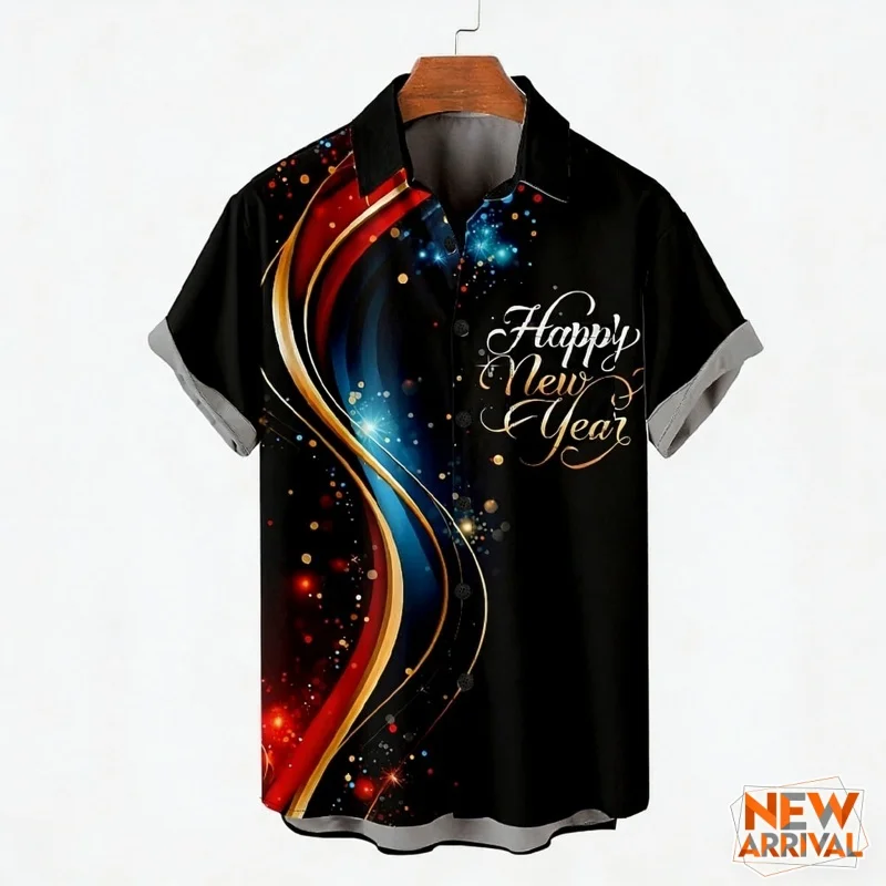 

Гавайская рубашка с ярким полосатым узором для мужчин, новогодний фейерверк, летние рубашки с короткими рукавами и 3D принтом Aloha, блузка унисекс, топы