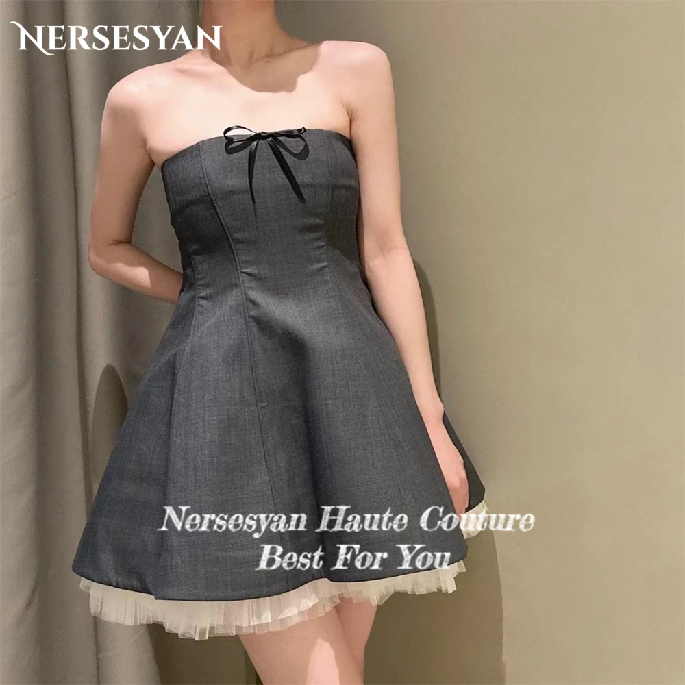 Nersesyan Black Elegant Formal Evening Dresses Off Shoulder A-Line Bow Ribbons Mini Prom Dress Backless Sleeveless Party Gowns