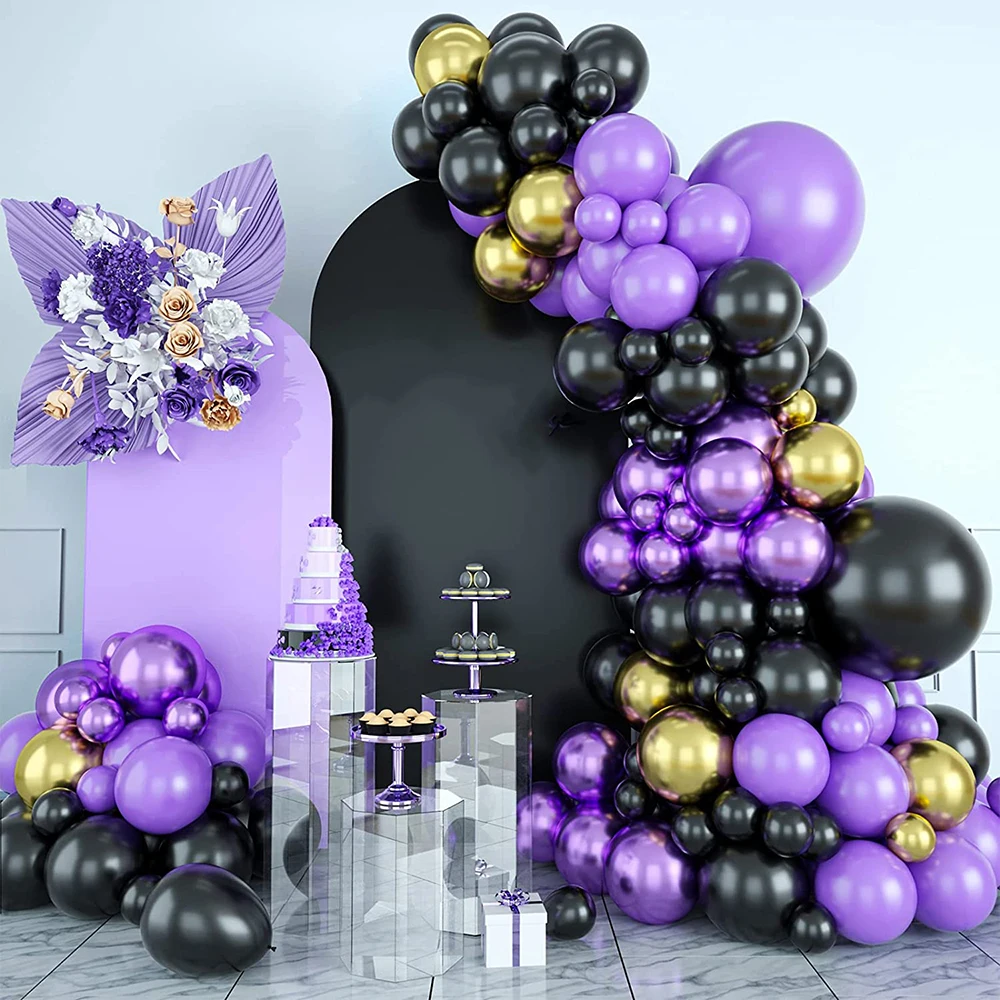 طقم قوس بالونات باللون الأسود الأرجواني، بالونات معدنية ذهبية أرجوانية لحفلات الزفاف والذكرى السنوية وحفلات أعياد الميلاد #1