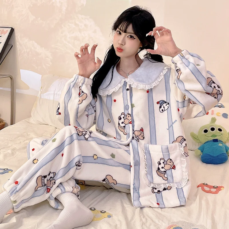 

Пижамные комплекты, элегантные женские пижамы на осень-зиму с полосатым узором, длинными рукавами, воротником и круглым вырезом, брюки полной длины, теплая термобелье для сна