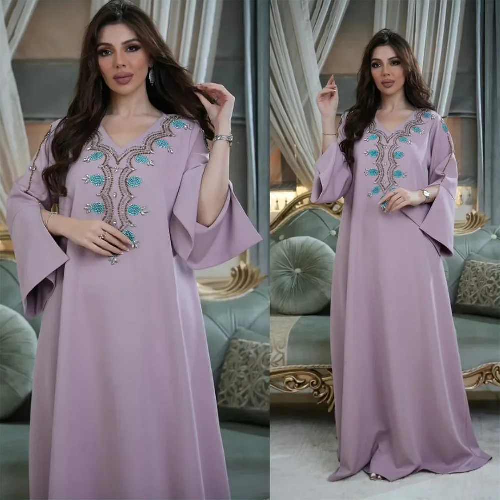 Diamond Casual Arabian Dubai Abaya Loose Muslim Dress Women Party Holiday Long Sleeve Daily Dress Kaftan Femme Musulman Caftan