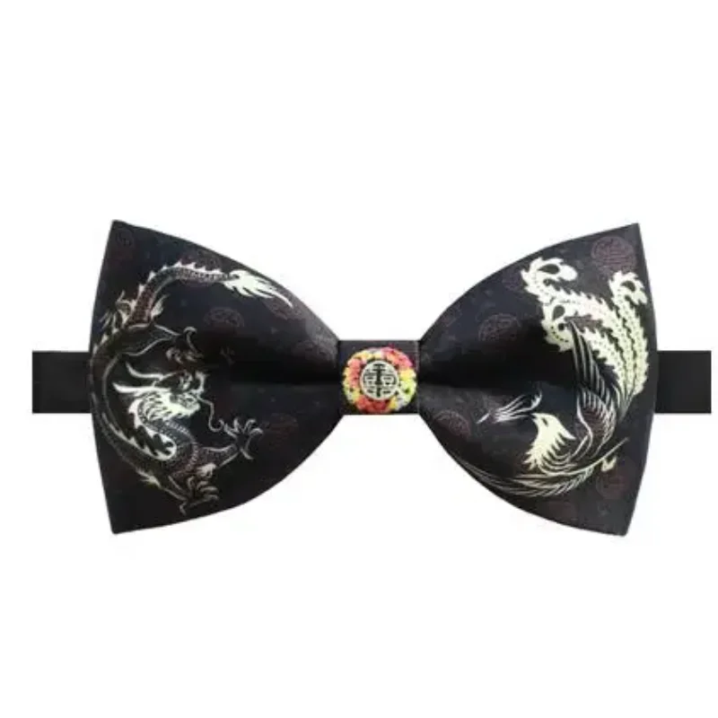 Chinese Style Dragon Phoenix Bridegroom Bow tie Men Wedding Red Print