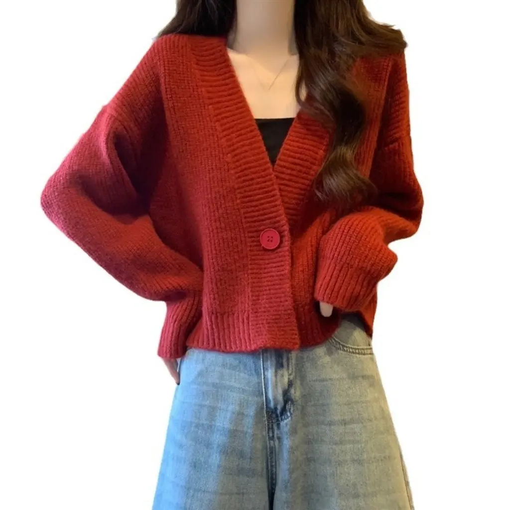 

Women's V-Neck Knitted Cardigan Coat Loose Fit Soft Waxy Fabric Western Style Short Sweater Top for Autumn Lazy Style
