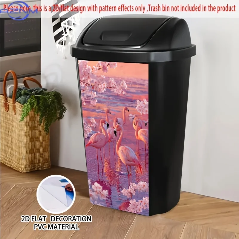 2D/FLAT Pink Flamingos & Cherry Blossoms Sunset Lake Self-Adhesive Dustbin Sticker, 14.57x32.28inch, Romantic Pink-Toned Flami