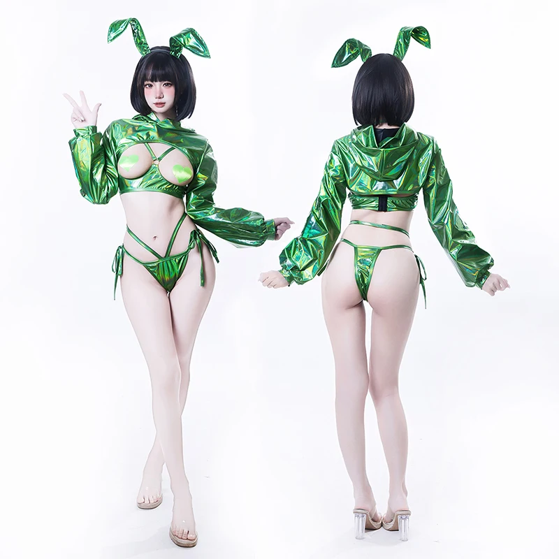 GENMHS-Anime Bunny Girl Cosplay Costume pour Femme, Sweat à Capuche en Cuir Vert, Bikini Sexy, Lingerie Creuse, Halloween Imbibé, Original