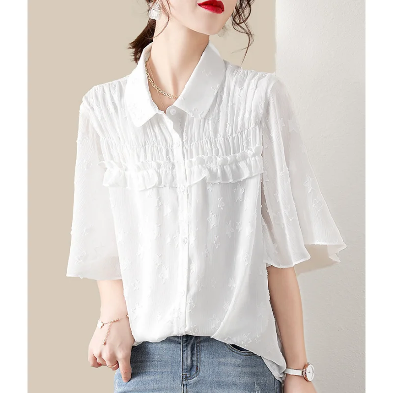 Chiffon Thin Fashion Blouse Summer New Short Sleeve Polo Neck Button All-match Solid Shirt Tops Elegant Office Women Clothing