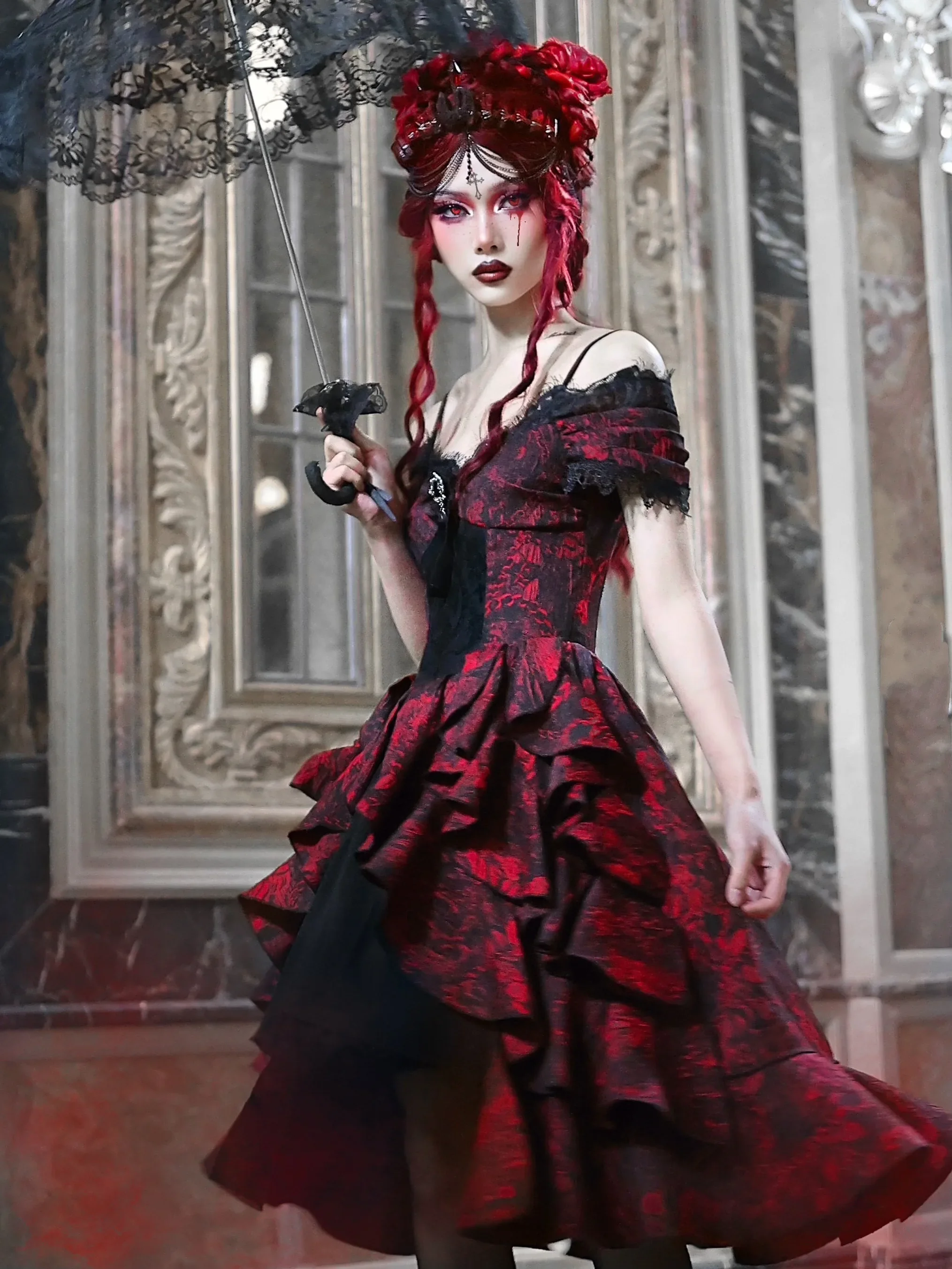 blood supply original Gothic red ball gown dress off shoulder short sleeve spaghetti dress black mesh goth punk wave dress