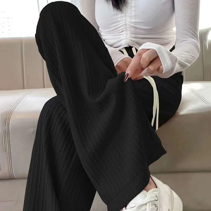 Casual Pants Solid Drawstring Women 2025 Autumn New Bubble Milk Puff Wide Leg Pants Korean High Waist Draped Straight Trousers