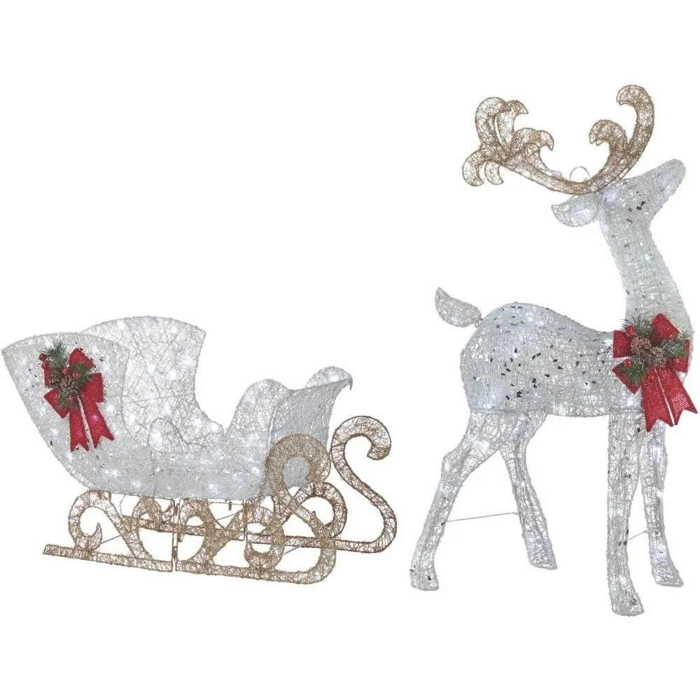 Metal Reindeer and Sleigh Christmas Decoration with Bright LED Lights, Outdoor Holiday Lawn Decoration