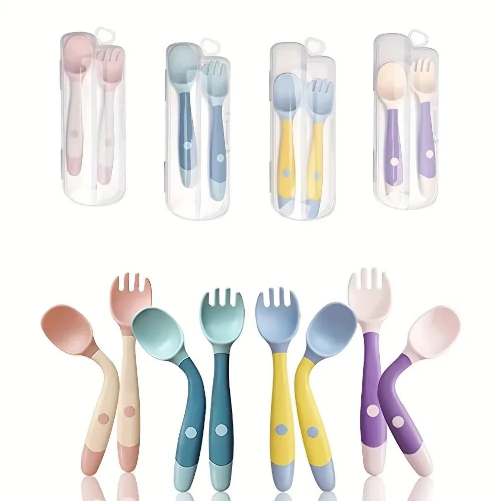 1Set Toddler Silicone Soft Cutlery with Travel Case, Baby Spoon and Fork Set with Bendable Handles for Self-Teaching Feeding