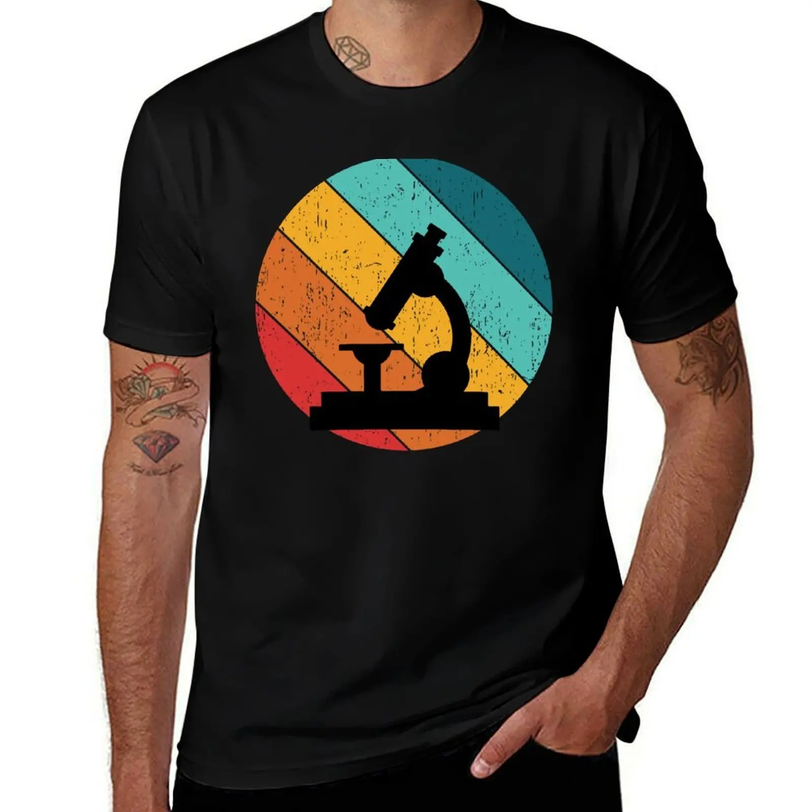 80s RETRO DIAGONAL SUNSET DISTRESSED MICROSCOPE SCIENCE T-Shirt Work Wear Short Sleeve T-Shirt