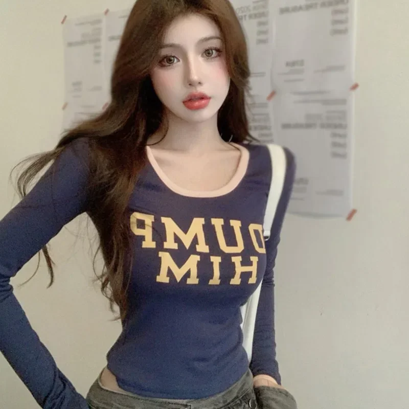 Letter Printed T-shirt Women Long Sleeve Slim Fit Spring And Autumn Round Neck Top 2025 Women's Clothing Tops & Tees
